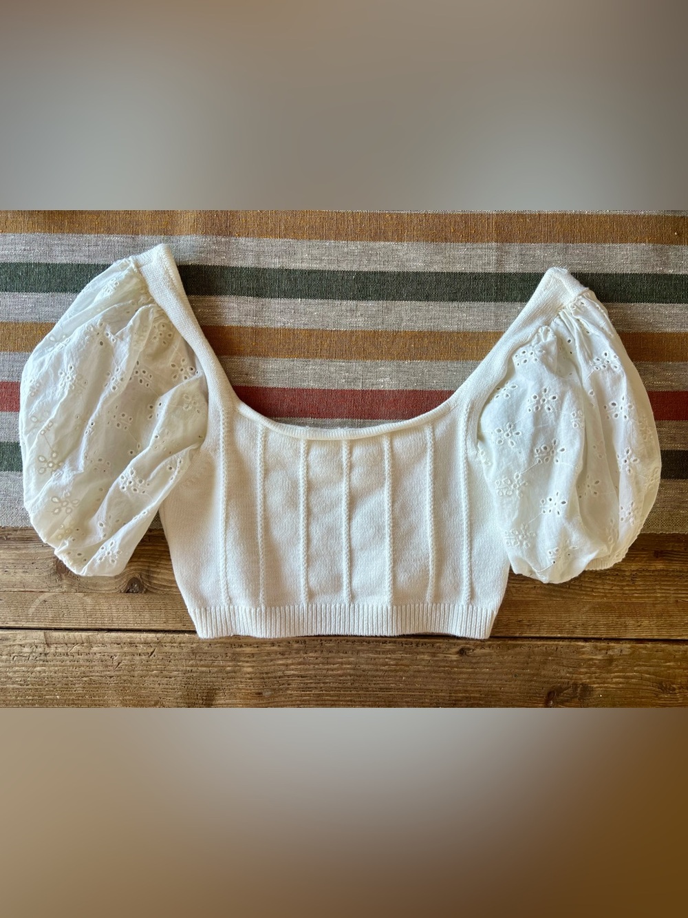 Zara White Knit Top Eyelet Puff Sleeves Size M